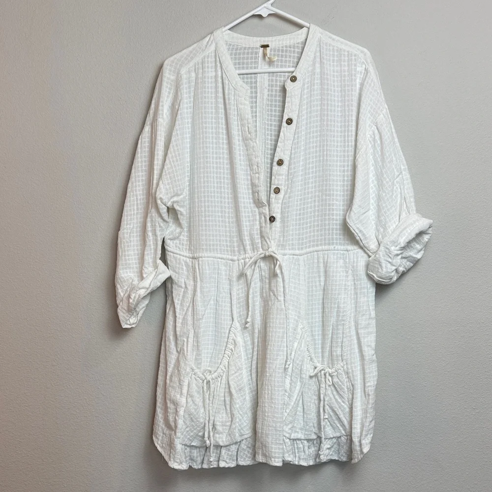 Free People White Boho Mini Dress with Ties & Pockets - L - Picture 2 of 11